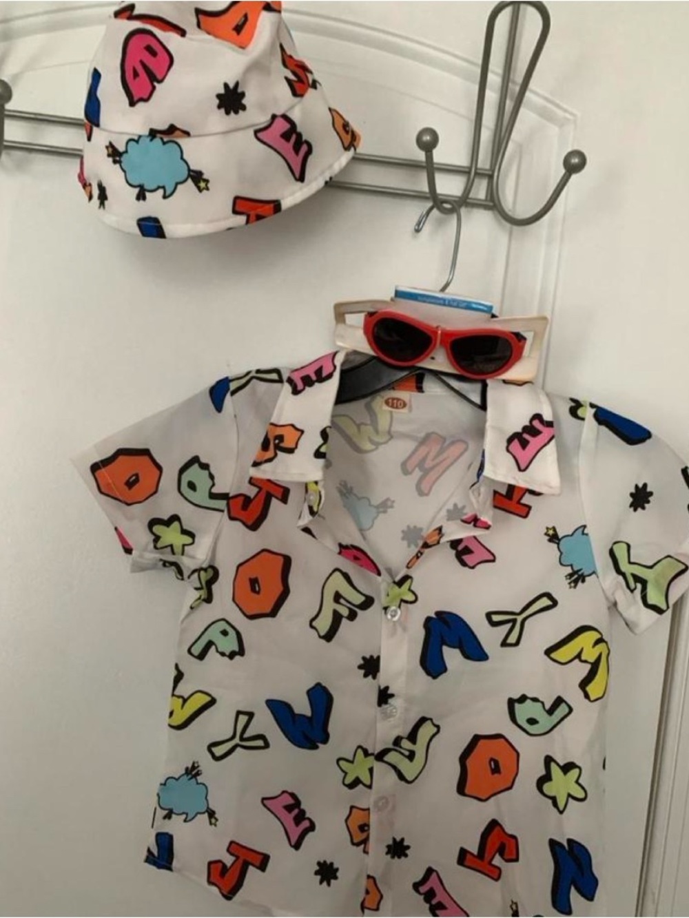 Kids White Short-Sleeve Button Shirt with Multicolor Letter Print